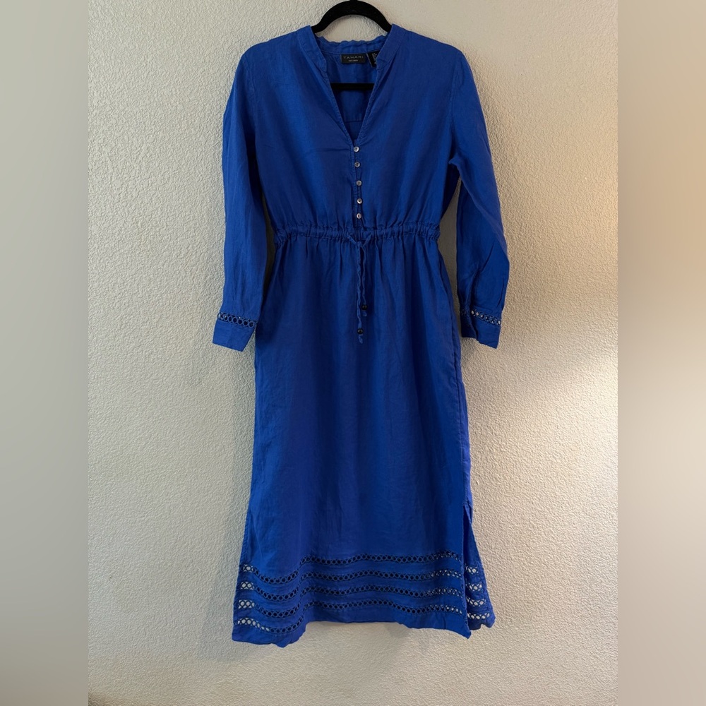 Tahari Linen Blue Pleated Long Sleeve Shirt Dress